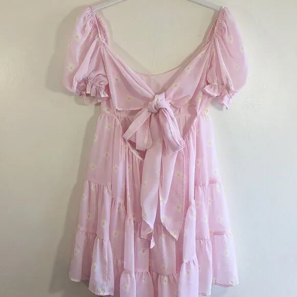 Lucy in the Sky Pink Ruffled Babydoll Dress Floral Daisy Puff Sleeves Sz Medium - Picture 6 of 11